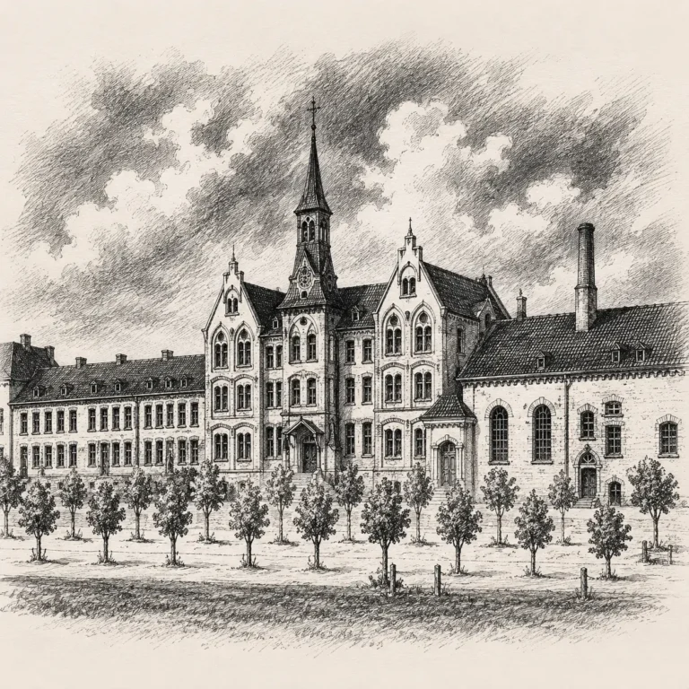 Zeichnung: Außenansicht Alexianer-Kloster Mariaberg Aachen 1885