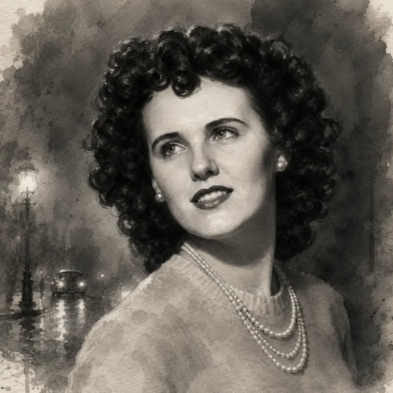Aquarell von Elizabeth Short (Porträt), im Hintergrund ein Fahrzeug auf einer regennassen Straße