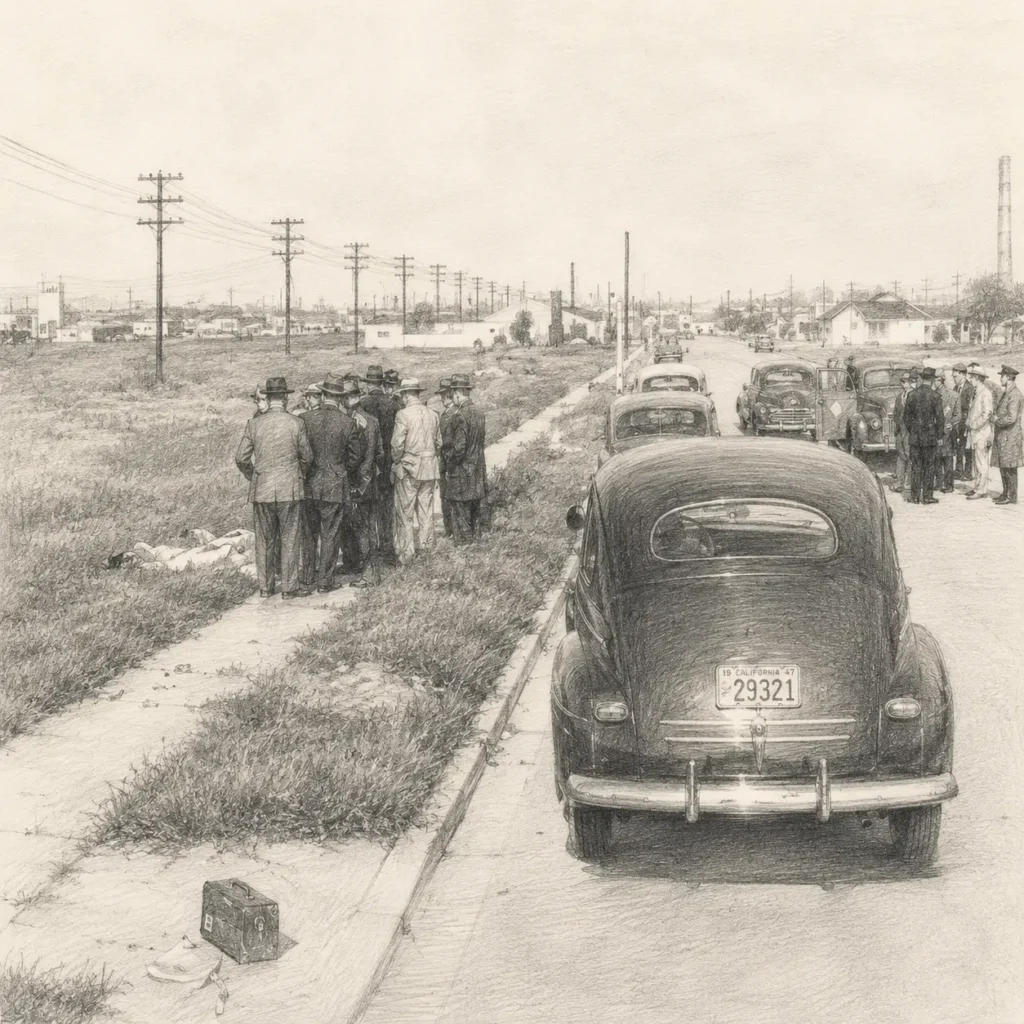 Bleistiftzeichnung: Fundort der Leiche von Elizabeth Short 1947 in Leimert Park, Los Angeles. Brachgrundstück an der South Norton Avenue, im Hintergrund Einfamilienhäuser. Links auf dem Bürgersteig stehen mehrere Polizisten und Reporter und betrachten den Leichnam. Rechts stehen mehrere Fahrzeuge auf der Straße, einige weitere Personen unterhalten sich.