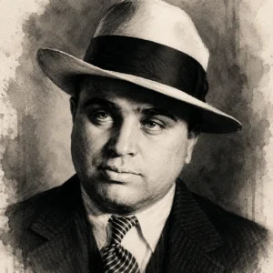 Noir-inspired ink illustration of Al Capone portrait (mug shot)