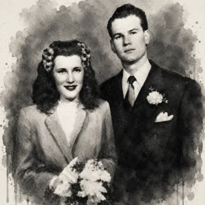 Aquarell von Marilyn und Sam Sheppard an ihrem Hochzeitstag (Porträt)