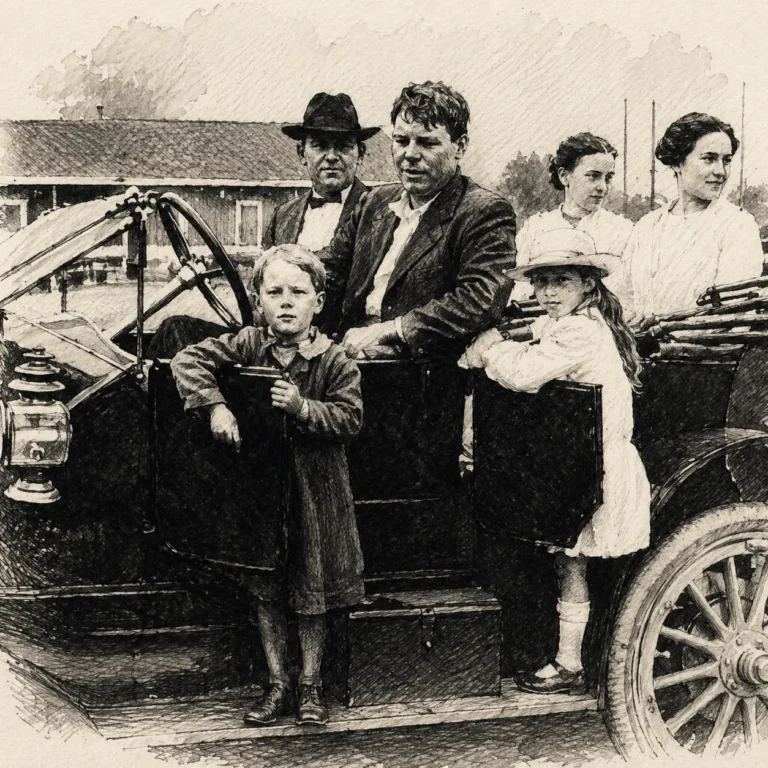 Zeichnung: Der "falsche" Bobby steht als kleiner Junge an der Fahrertür eines Wagens. Im Wagen sitzt seine Familie.